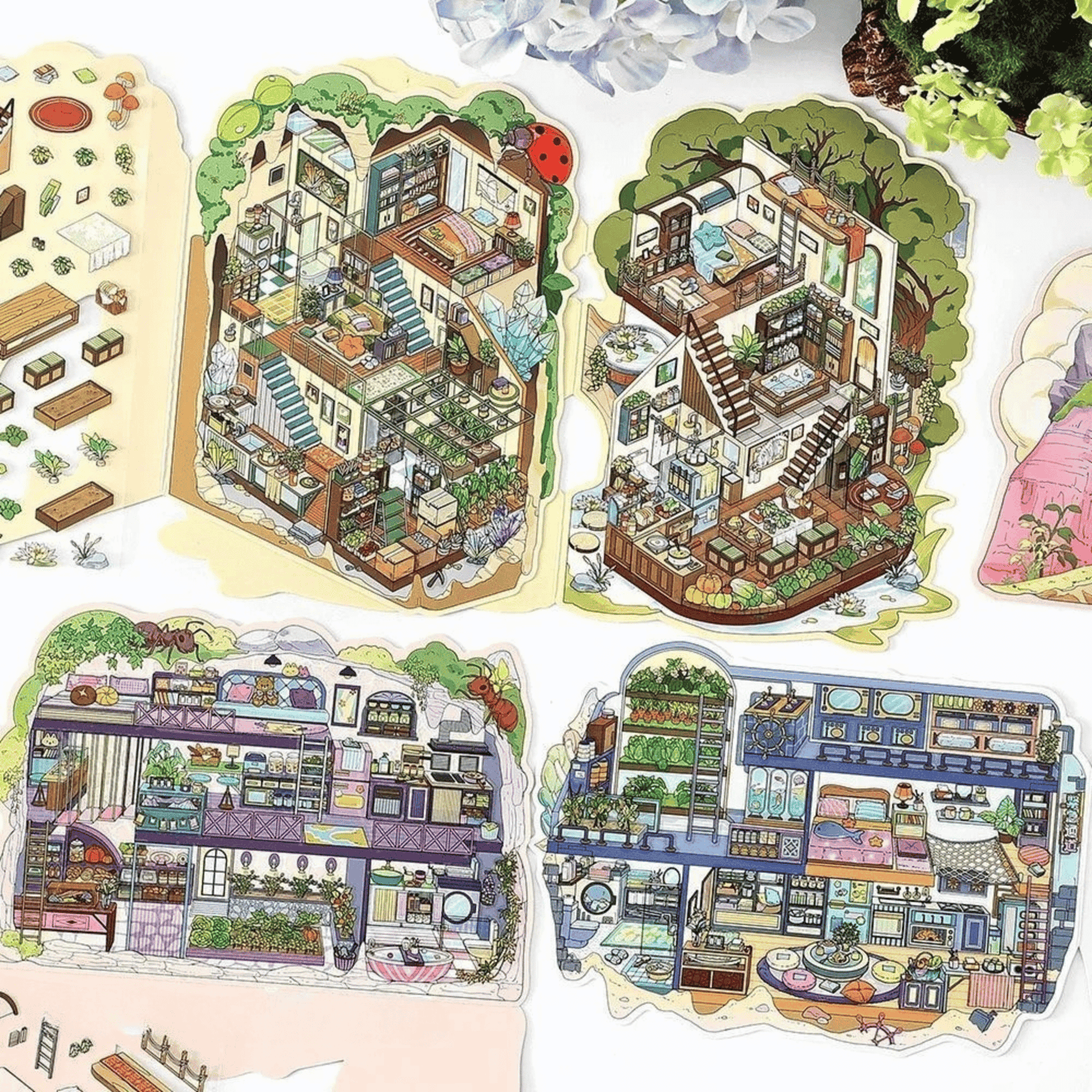 My Secret Hideouts – 3D Miniature Scene Stickers – 4 Theme Sets: Tree Hollow | Underground Den | Cave Shelter | Mine Cabin