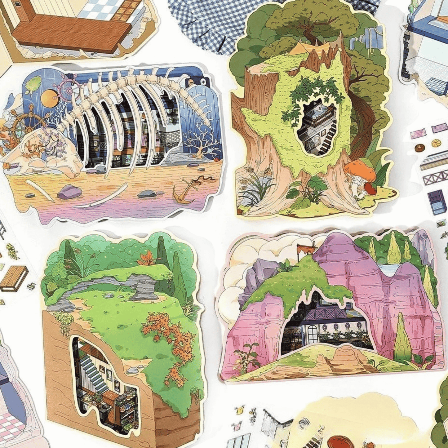 My Secret Hideouts – 3D Miniature Scene Stickers – 4 Theme Sets: Tree Hollow | Underground Den | Cave Shelter | Mine Cabin