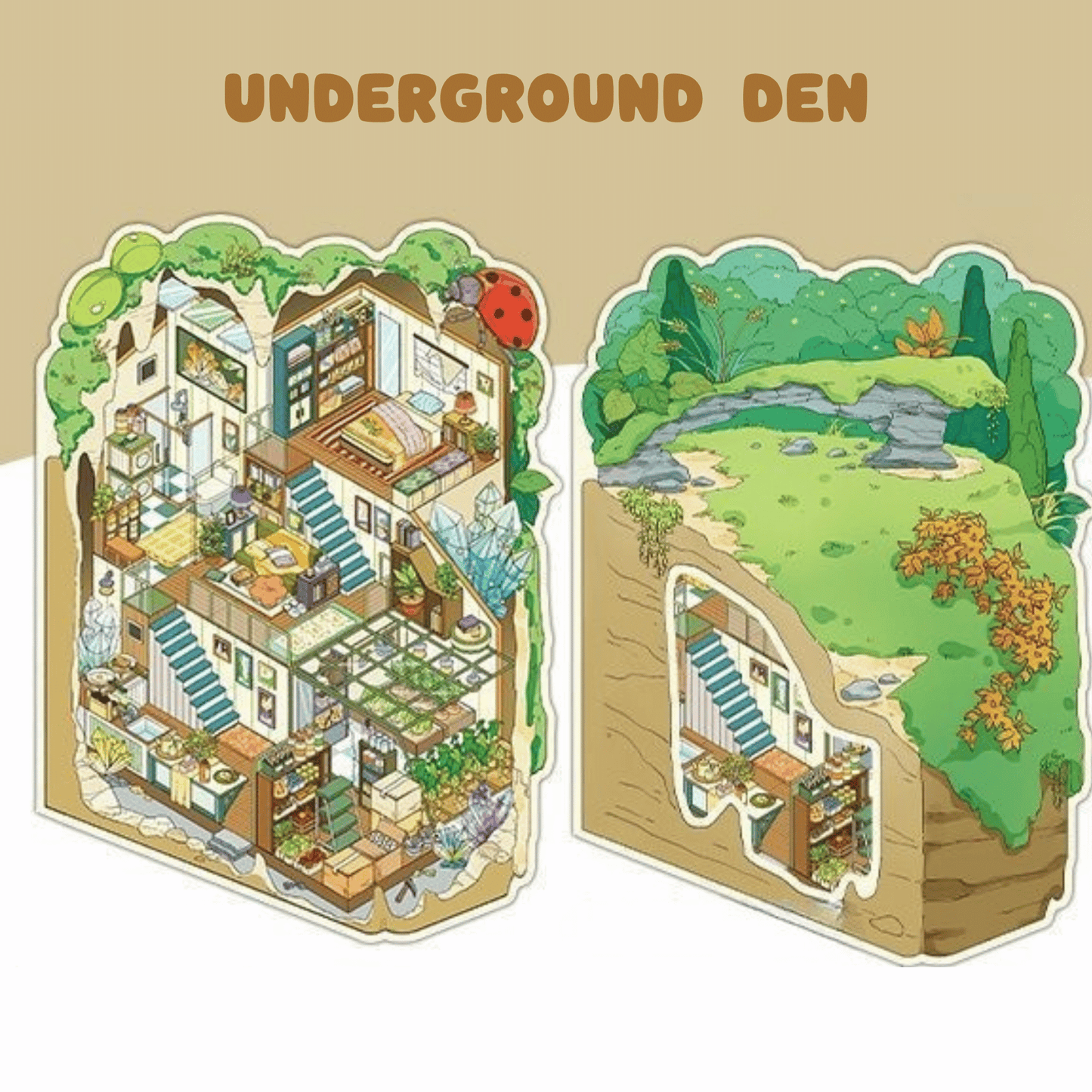 My Secret Hideouts – 3D Miniature Scene Stickers – 4 Theme Sets: Tree Hollow | Underground Den | Cave Shelter | Mine Cabin