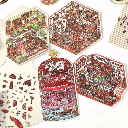 Whimsical Holiday – 3D Miniature Scene Stickers – 4 Theme Sets: Spaceship Parcel | TV Convenience Store | Caged Venice Theater | Book Kitchen