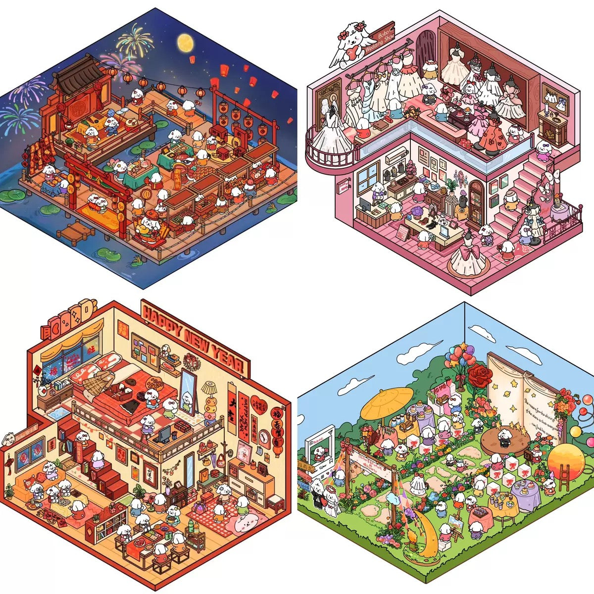 Cute Puppy 3D Isometric Room Stickers – 8 Theme Sets: Christmas Party | Clothing Store | Flower Shop | BBQ Restaurant | Wedding | Happy New Year | Dress Shop | Temple Fair - SNSEASY