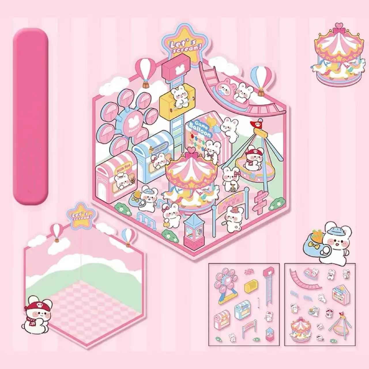Adorable Animal 3D Isometric Room Stickers - A Special Day: Panda Teahouse | Bunny Amusement Park | Capybara Hot Spring | Pony Magic Bookstore - SNSEASY