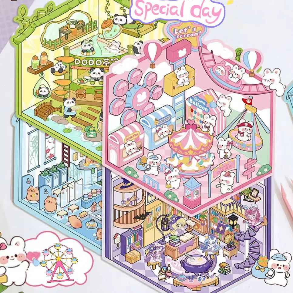 Adorable Animal 3D Isometric Room Stickers - A Special Day: Panda Teahouse | Bunny Amusement Park | Capybara Hot Spring | Pony Magic Bookstore - SNSEASY