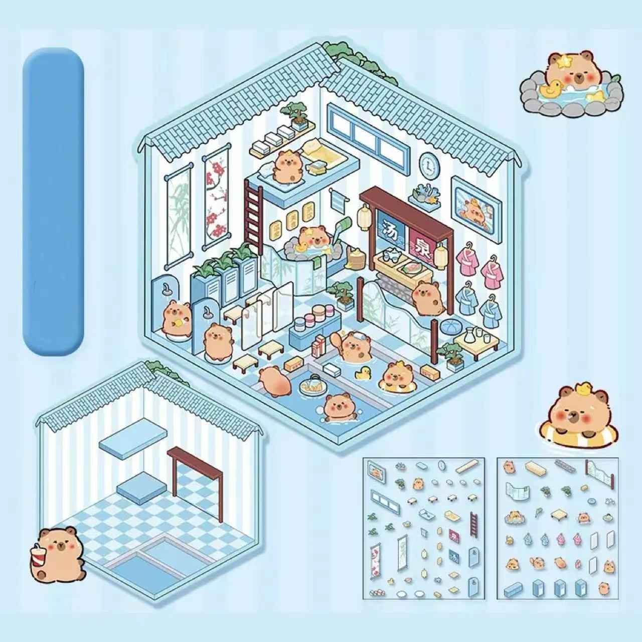 Adorable Animal 3D Isometric Room Stickers - A Special Day: Panda Teahouse | Bunny Amusement Park | Capybara Hot Spring | Pony Magic Bookstore - SNSEASY