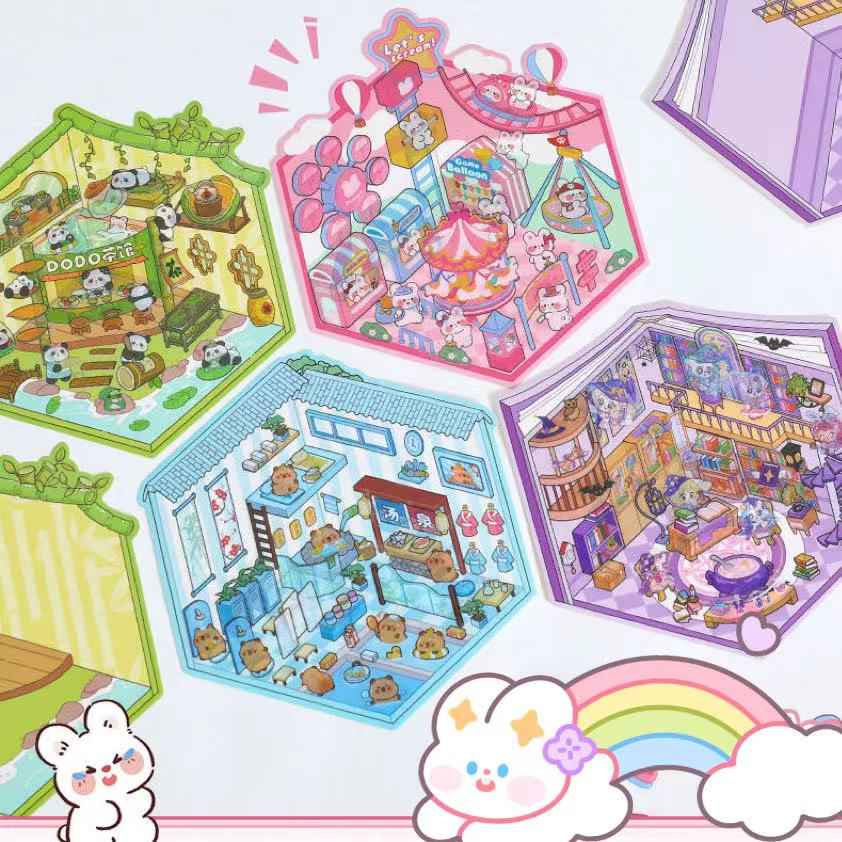 Adorable Animal 3D Isometric Room Stickers - A Special Day: Panda Teahouse | Bunny Amusement Park | Capybara Hot Spring | Pony Magic Bookstore - SNSEASY