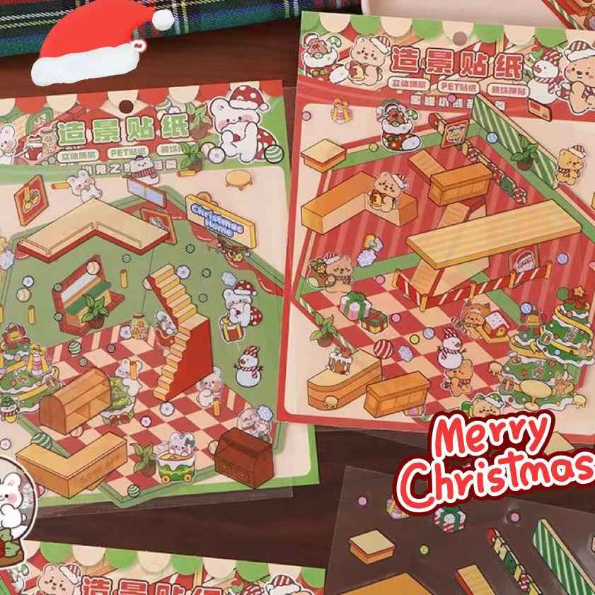 Bear and Bunny's Christmas 3D Isometric Room Stickers - Limited Edition: Cozy Christmas Home | Festive Living Room - SNSEASY