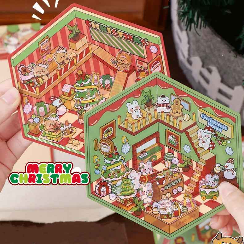 Bear and Bunny's Christmas 3D Isometric Room Stickers - Limited Edition: Cozy Christmas Home | Festive Living Room - SNSEASY