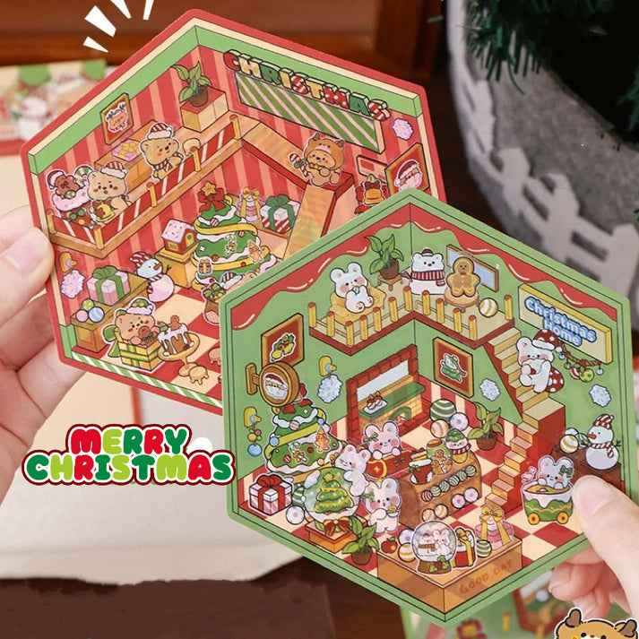 Bear and Bunny's Christmas 3D Isometric Room Stickers - Limited Edition: Cozy Christmas Home | Festive Living Room - SNSEASY