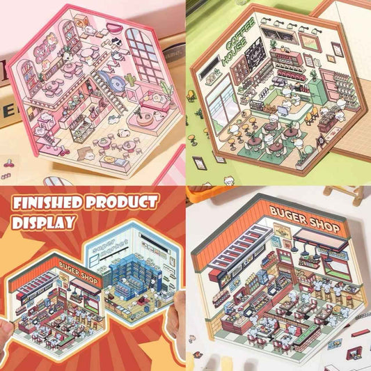Cute Cat and Mouse Shops 3D Isometric Room Stickers - 4 Theme Sets: Coffee House | Cat Cafe | Supermarket | Burger Shop - SNSEASY