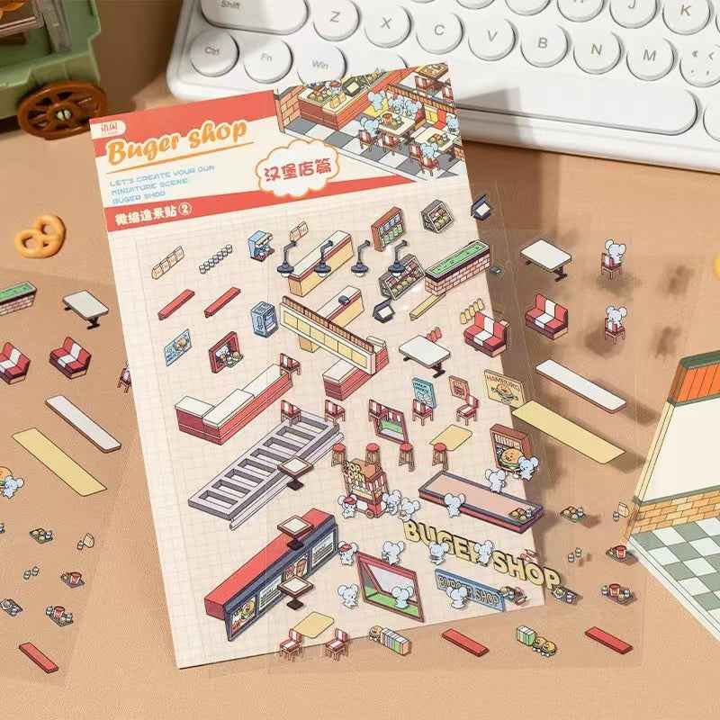 Cute Cat and Mouse Shops 3D Isometric Room Stickers - 4 Theme Sets: Coffee House | Cat Cafe | Supermarket | Burger Shop - SNSEASY