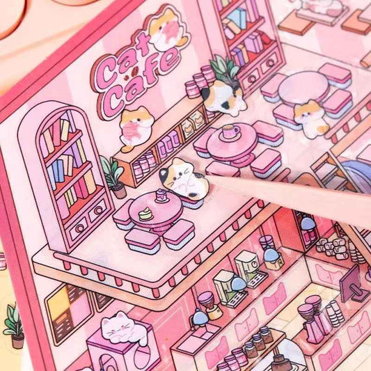 Cute Cat and Mouse Shops 3D Isometric Room Stickers - 4 Theme Sets: Coffee House | Cat Cafe | Supermarket | Burger Shop - SNSEASY