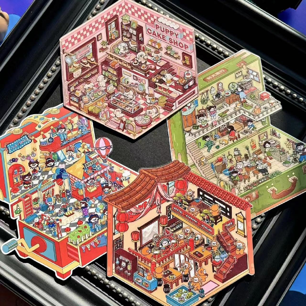 Magical Realm 2.0 3D Isometric Room Stickers Scene - 4 Theme Sets: Clown Theater Box | Vintage Suitcase | Monkey Theater | Puppy Cake Shop