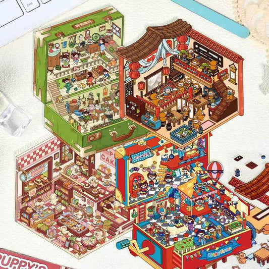 Magical Realm 2.0 3D Isometric Room Stickers Scene - 4 Theme Sets: Clown Theater Box | Vintage Suitcase | Monkey Theater | Puppy Cake Shop - SNSEASY