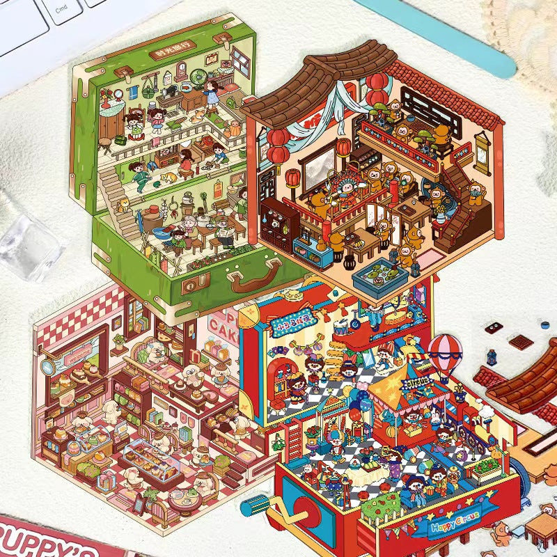 Magical Realm 2.0 3D Isometric Room Stickers Scene - 4 Theme Sets: Clown Theater Box | Vintage Suitcase | Monkey Theater | Puppy Cake Shop