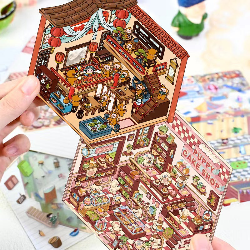 Magical Realm 2.0 3D Isometric Room Stickers Scene - 4 Theme Sets: Clown Theater Box | Vintage Suitcase | Monkey Theater | Puppy Cake Shop