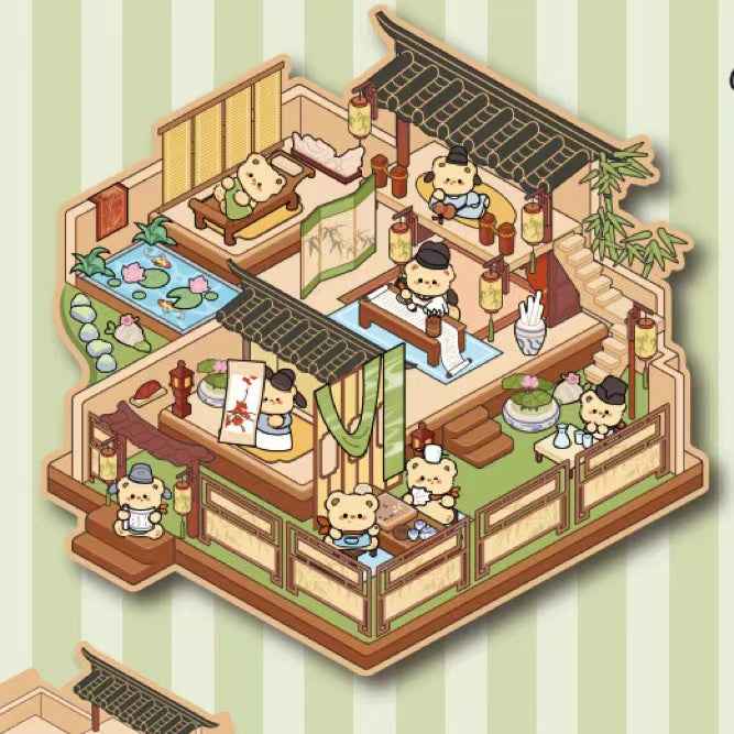 Cute Animals in Chinese Architecture 3D Isometric Room Stickers Scene - 4 Theme Sets: Bunny Courtyard | Capybara Theater | Bear Go Pavilion | Panda Hotpot Restaurant - SNSEASY