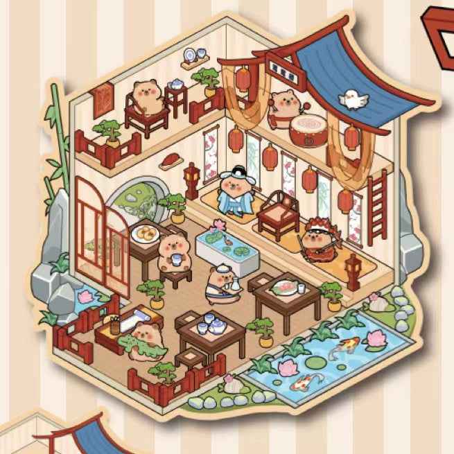 Cute Animals in Chinese Architecture 3D Isometric Room Stickers Scene - 4 Theme Sets: Bunny Courtyard | Capybara Theater | Bear Go Pavilion | Panda Hotpot Restaurant - SNSEASY