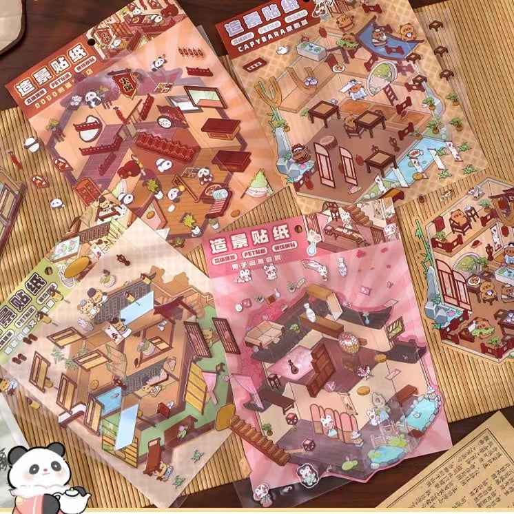 Cute Animals in Chinese Architecture 3D Isometric Room Stickers Scene - 4 Theme Sets: Bunny Courtyard | Capybara Theater | Bear Go Pavilion | Panda Hotpot Restaurant - SNSEASY