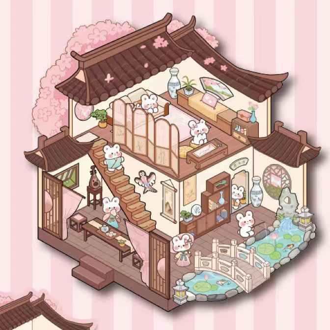 Cute Animals in Chinese Architecture 3D Isometric Room Stickers Scene - 4 Theme Sets: Bunny Courtyard | Capybara Theater | Bear Go Pavilion | Panda Hotpot Restaurant - SNSEASY