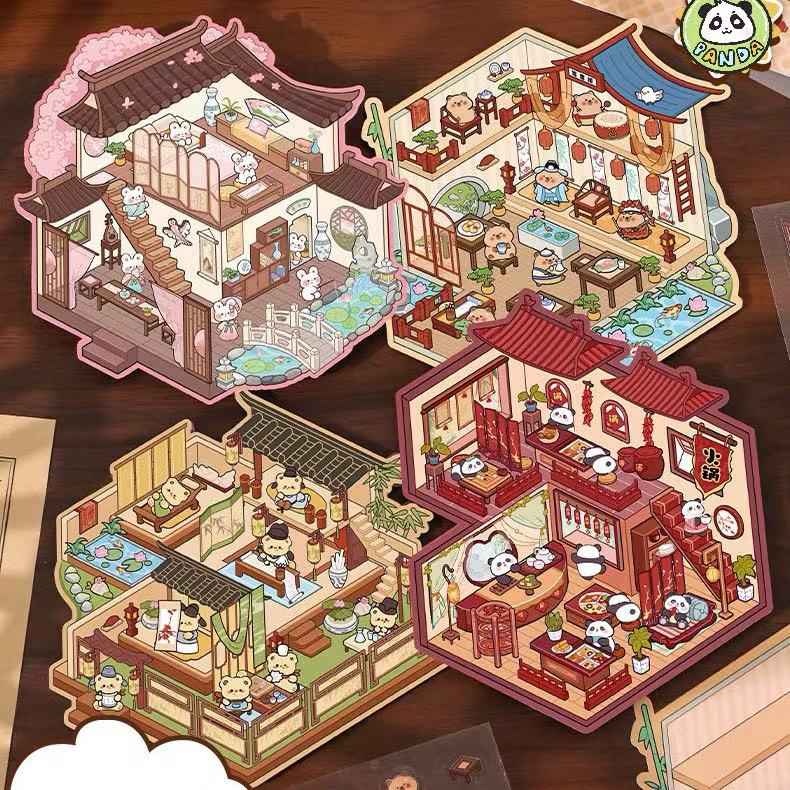 Cute Animals in Chinese Architecture 3D Isometric Room Stickers Scene - 4 Theme Sets: Bunny Courtyard | Capybara Theater | Bear Go Pavilion | Panda Hotpot Restaurant - SNSEASY