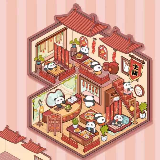 Cute Animals in Chinese Architecture 3D Isometric Room Stickers Scene - 4 Theme Sets: Bunny Courtyard | Capybara Theater | Bear Go Pavilion | Panda Hotpot Restaurant - SNSEASY