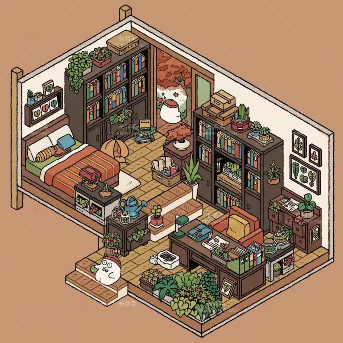 Sweet Girl 3D Isometric Room Stickers Scene - 5 Theme Sets: Underwater Home | Dessert Shop | Wooden Cabin | Bookstore | Magical House - SNSEASY