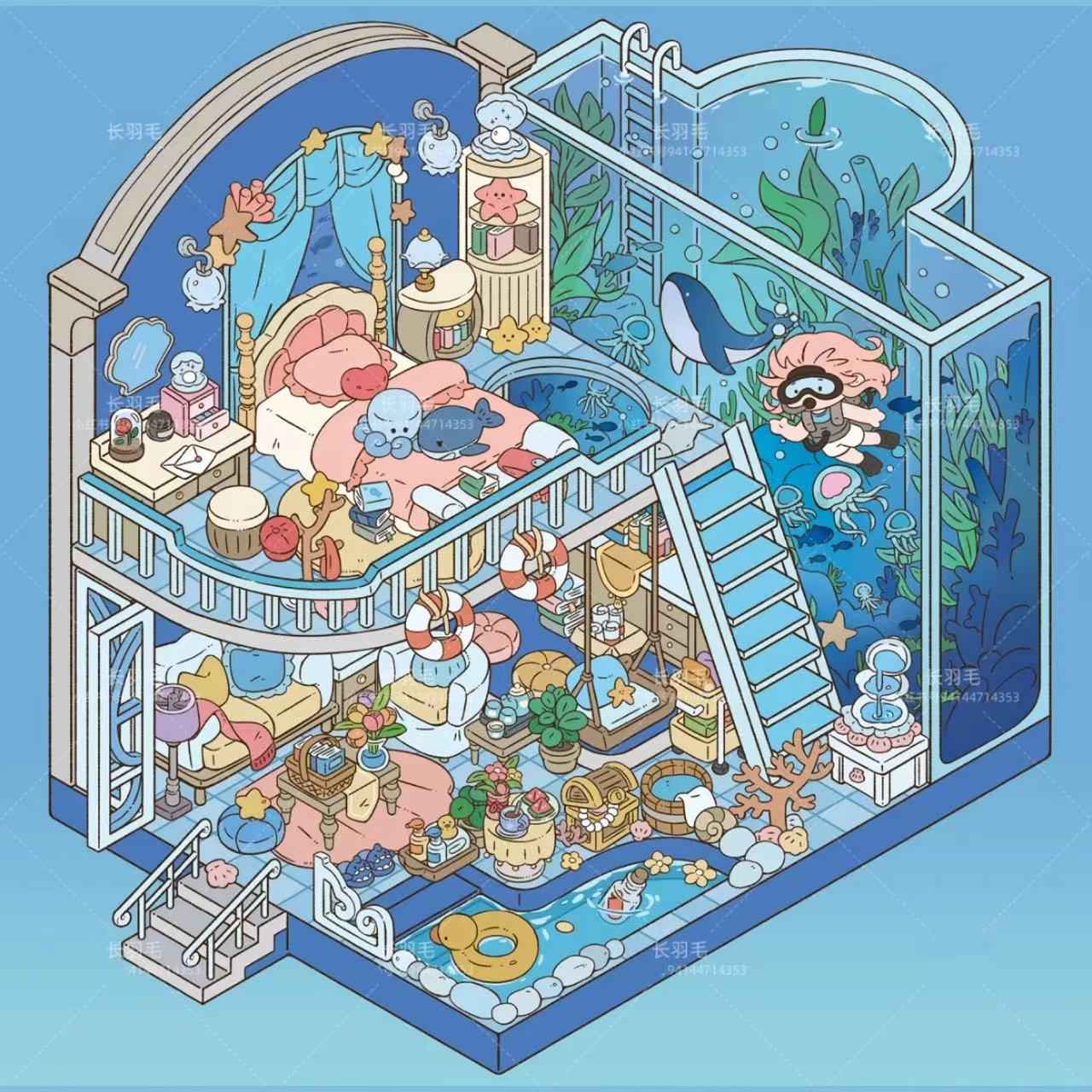 Sweet Girl 3D Isometric Room Stickers Scene - 5 Theme Sets: Underwater Home | Dessert Shop | Wooden Cabin | Bookstore | Magical House - SNSEASY