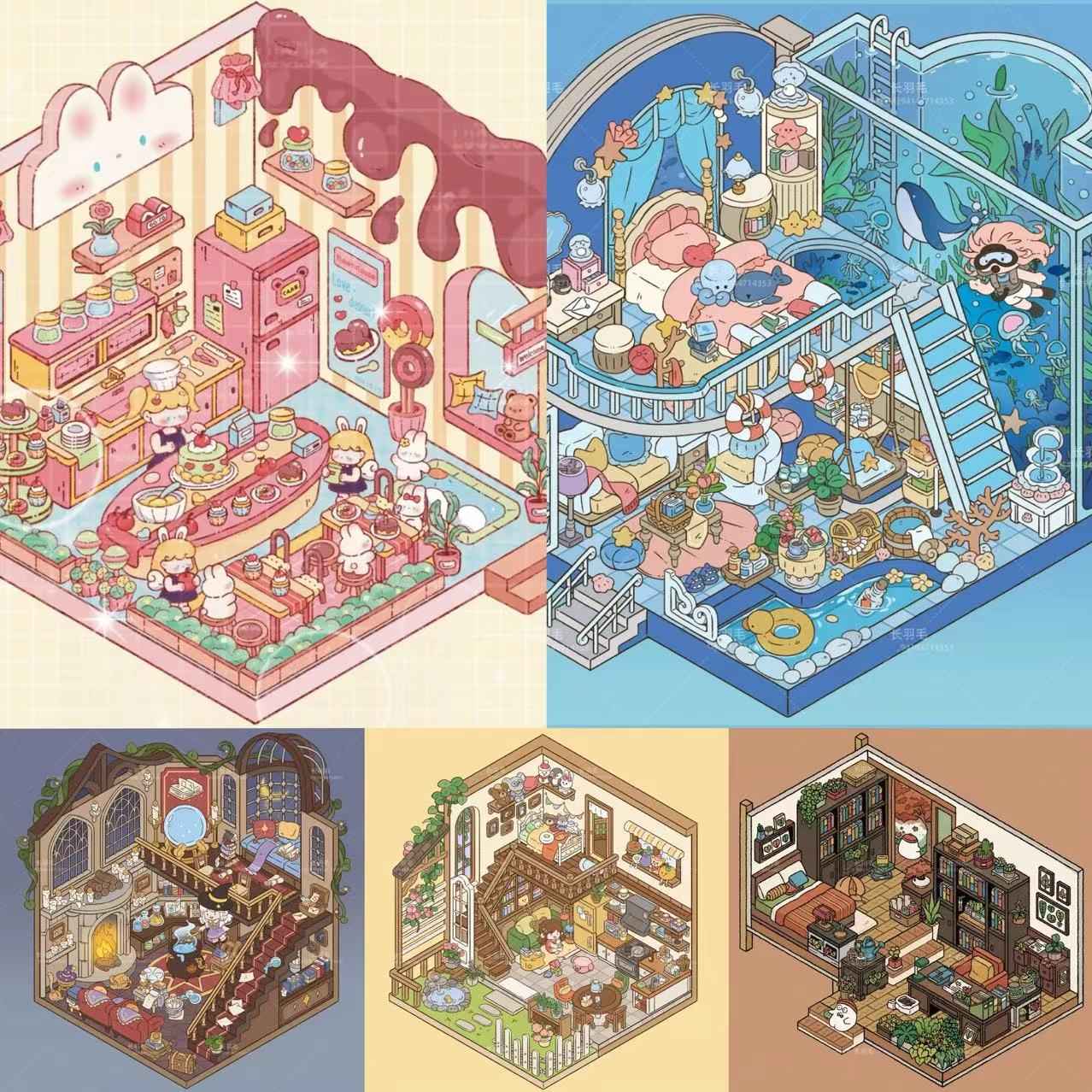 Sweet Girl 3D Isometric Room Stickers Scene - 5 Theme Sets: Underwater Home | Dessert Shop | Wooden Cabin | Bookstore | Magical House - SNSEASY