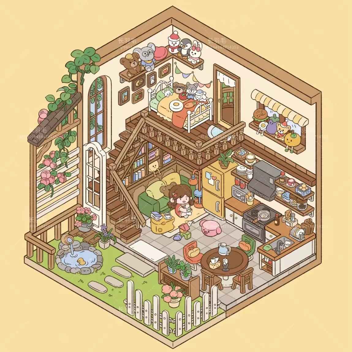 Sweet Girl 3D Isometric Room Stickers Scene - 5 Theme Sets: Underwater Home | Dessert Shop | Wooden Cabin | Bookstore | Magical House - SNSEASY