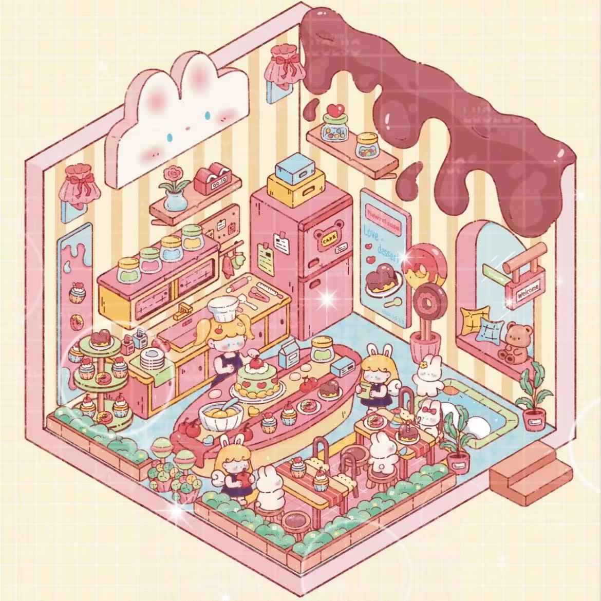 Sweet Girl 3D Isometric Room Stickers Scene - 5 Theme Sets: Underwater Home | Dessert Shop | Wooden Cabin | Bookstore | Magical House - SNSEASY
