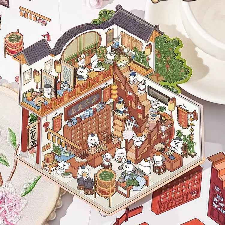 Cute Cat 3.0 Stickers Scene – Traditional Chinese Culture: Cat Theater | Cat Traditional Medicine Clinic | Cat Ancient Courtyard | Cat Relaxation Hall - SNSEASY