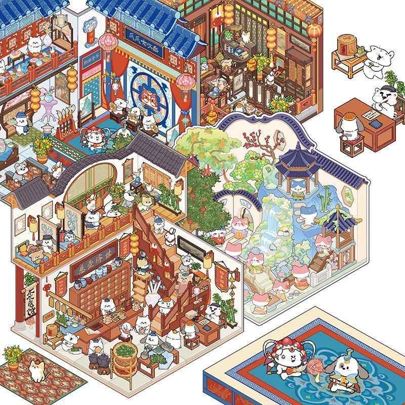 Cute Cat 3.0 Stickers Scene – Traditional Chinese Culture: Cat Theater | Cat Traditional Medicine Clinic | Cat Ancient Courtyard | Cat Relaxation Hall - SNSEASY