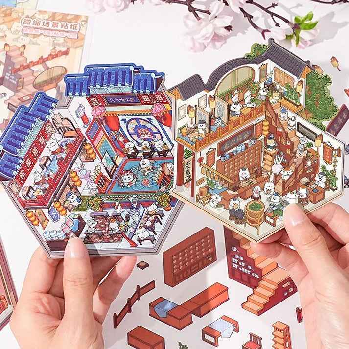 Cute Cat 3.0 Stickers Scene – Traditional Chinese Culture: Cat Theater | Cat Traditional Medicine Clinic | Cat Ancient Courtyard | Cat Relaxation Hall - SNSEASY