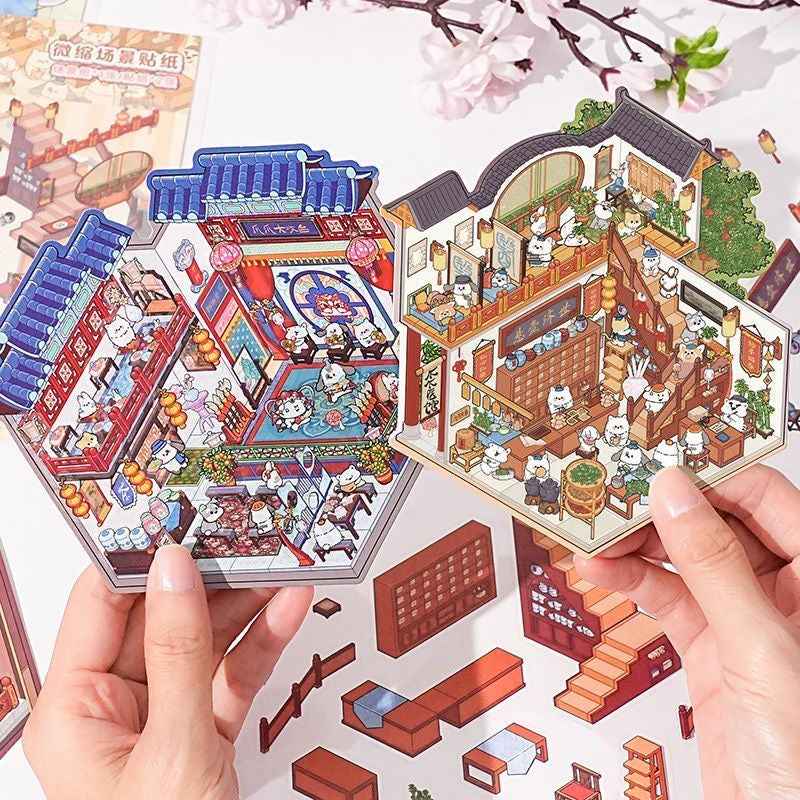 Cute Cat 3.0 Stickers Scene – Traditional Chinese Culture: Cat Theater | Cat Traditional Medicine Clinic | Cat Ancient Courtyard | Cat Relaxation Hall - SNSEASY