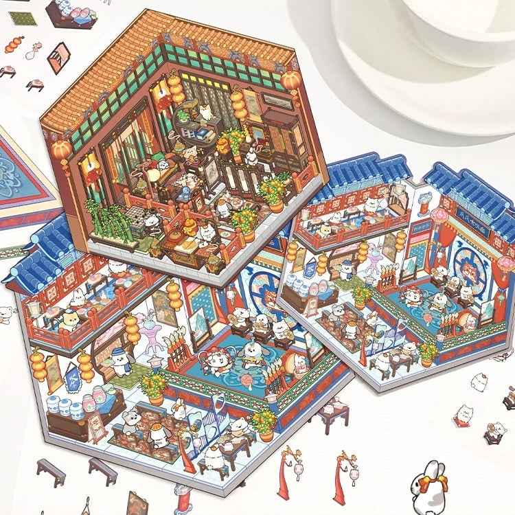 Cute Cat 3.0 Stickers Scene – Traditional Chinese Culture: Cat Theater | Cat Traditional Medicine Clinic | Cat Ancient Courtyard | Cat Relaxation Hall - SNSEASY