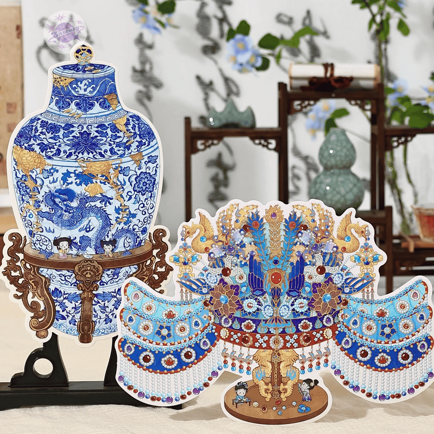 Plus Antique Restoration – 3D Miniature Scene Stickers – 6 Theme: Golden Bowl | Wishful Vase | Ancient Censer | Vintage Wine Pot | Blue-and-White Porcelain Vase | Phoenix Crown