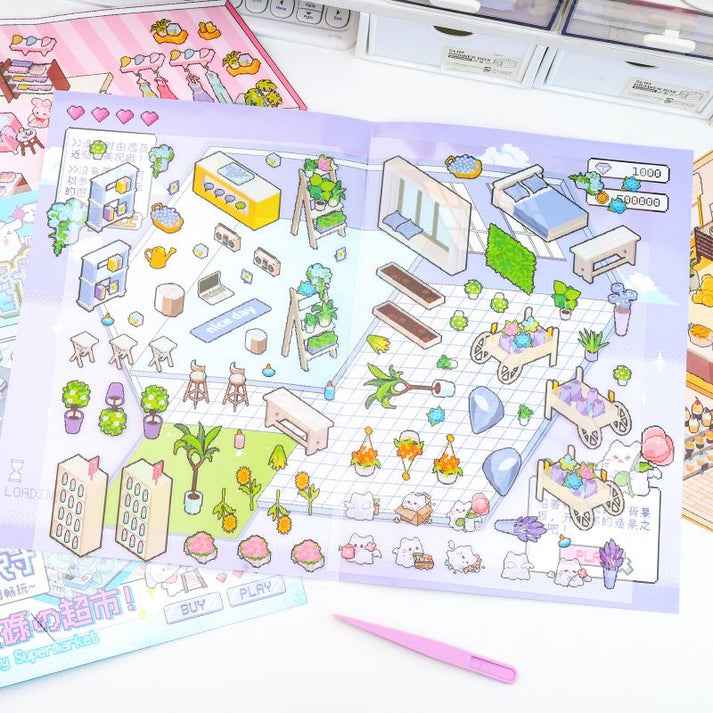 Cute Animal Stickers Scene 6.0 – Pixel World: Bunny Clothing Shop | Bear Coffee Shop | Puppy Supermarket | Kitty Garden - SNSEASY