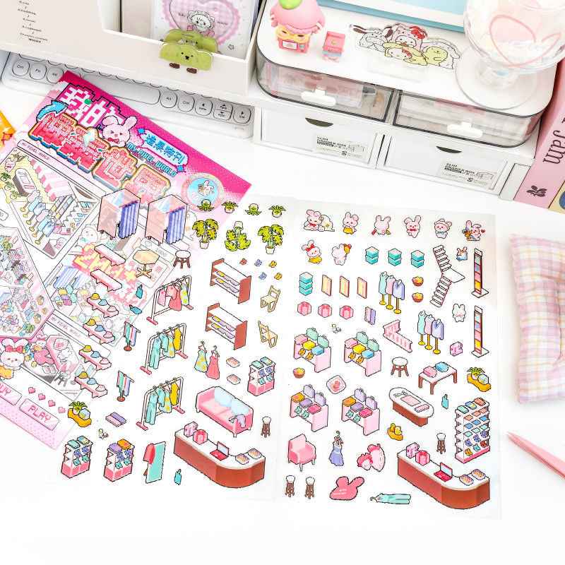 Cute Animal Stickers Scene 6.0 – Pixel World: Bunny Clothing Shop | Bear Coffee Shop | Puppy Supermarket | Kitty Garden - SNSEASY