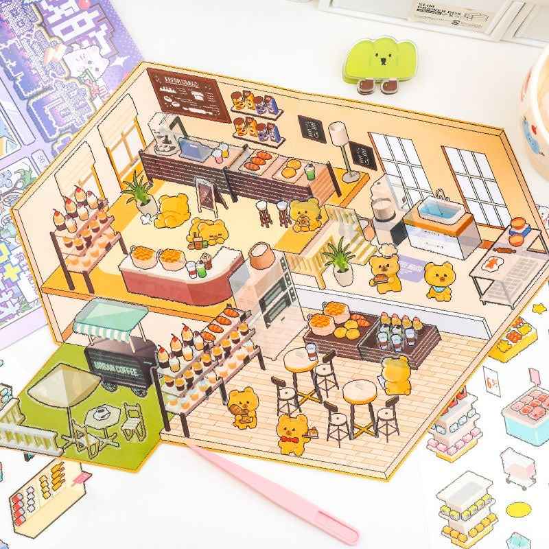 Cute Animal Stickers Scene 6.0 – Pixel World: Bunny Clothing Shop | Bear Coffee Shop | Puppy Supermarket | Kitty Garden - SNSEASY