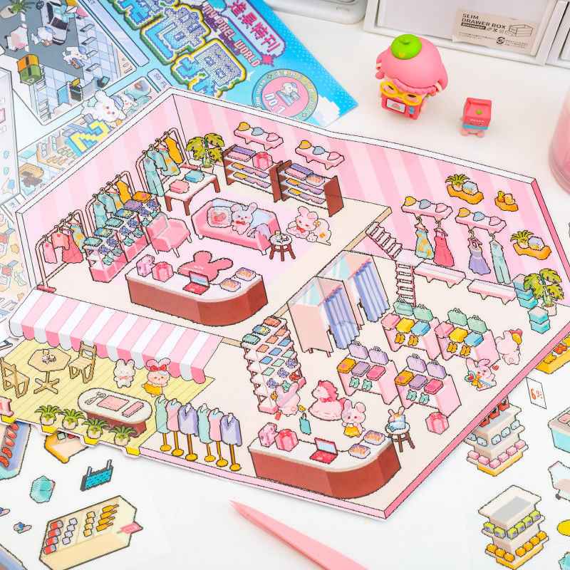 Cute Animal Stickers Scene 6.0 – Pixel World: Bunny Clothing Shop | Bear Coffee Shop | Puppy Supermarket | Kitty Garden - SNSEASY
