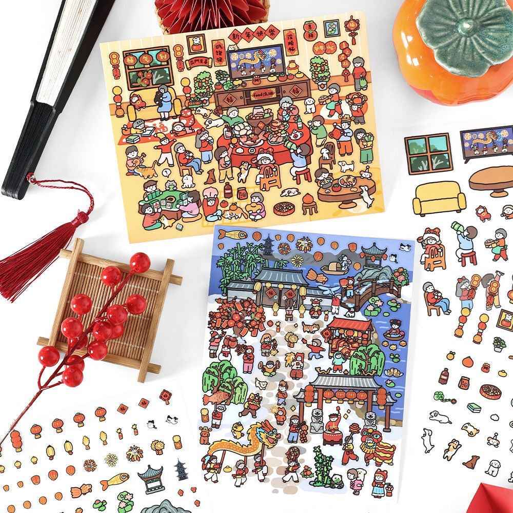 Chinese New Year Stickers Scene – 2 Themes: New Year's Eve Dinner | Temple Fair - SNSEASY