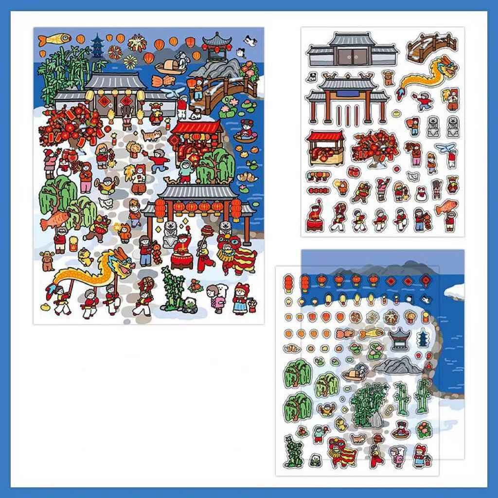 Chinese New Year Stickers Scene – 2 Themes: New Year's Eve Dinner | Temple Fair - SNSEASY