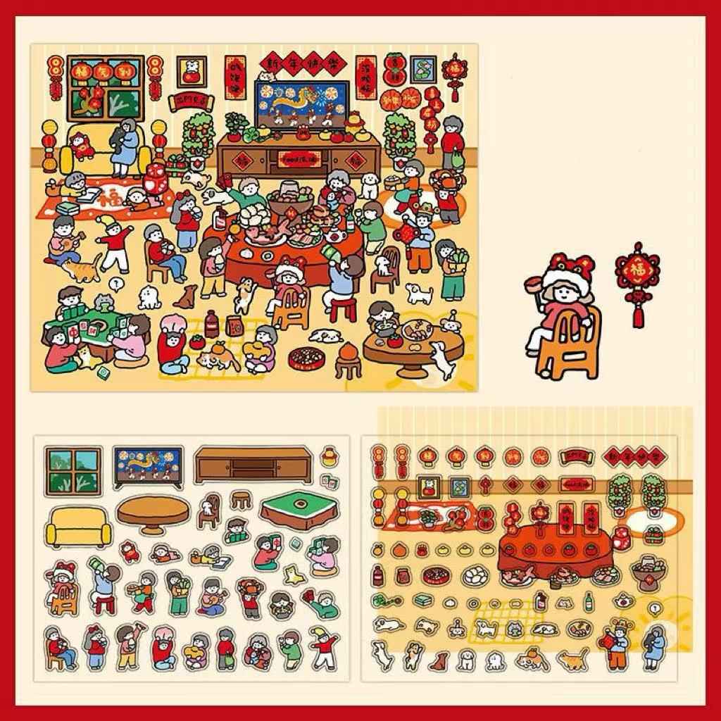Chinese New Year Stickers Scene – 2 Themes: New Year's Eve Dinner | Temple Fair - SNSEASY