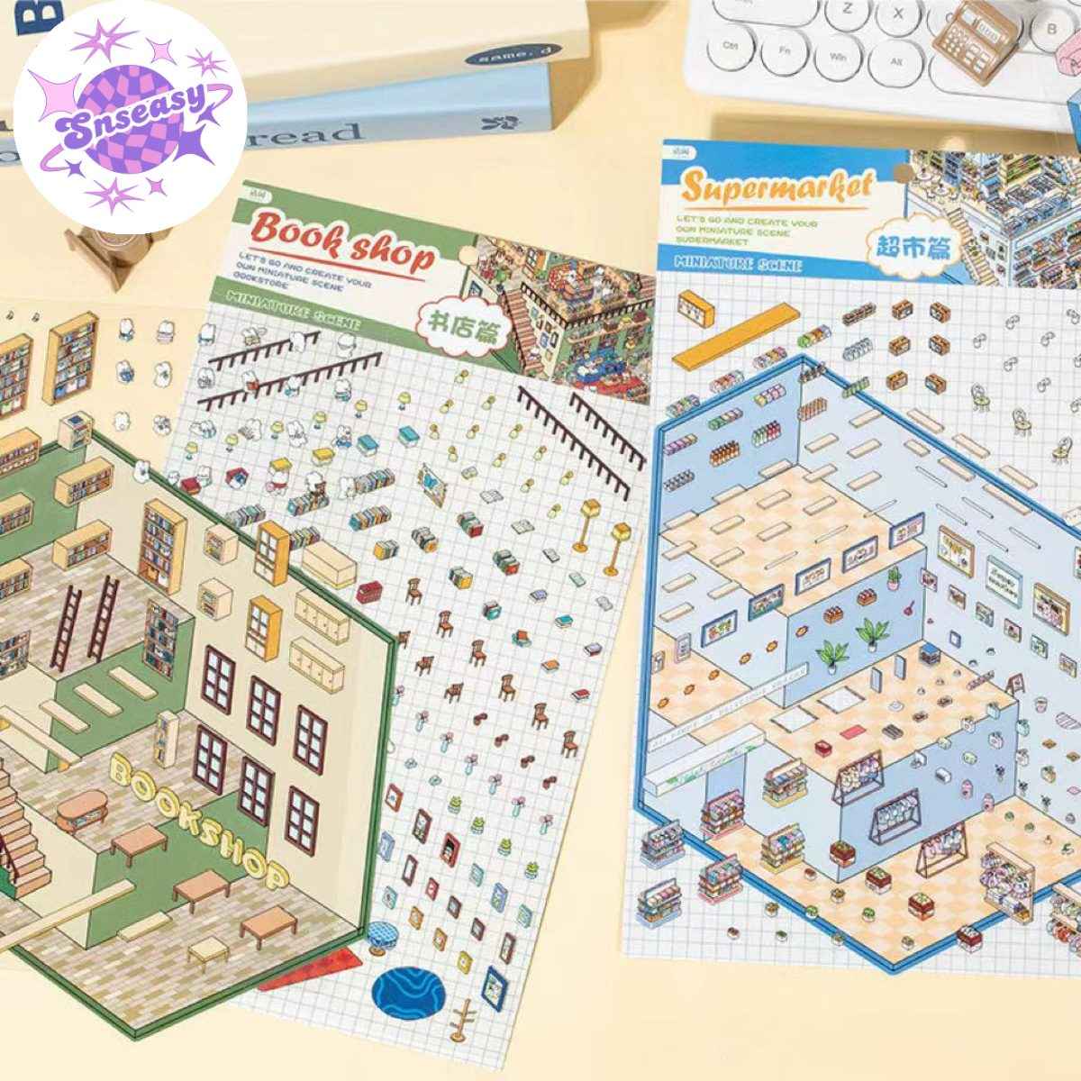 3-Story Grand Buildings 3.0 – Animal Business Simulation 3D Room Stickers Scene - 4 Theme Sets: Hamster Supermarket | Bunny Bookstore | Fox Hot Pot | Cat Villa - SNSEASY