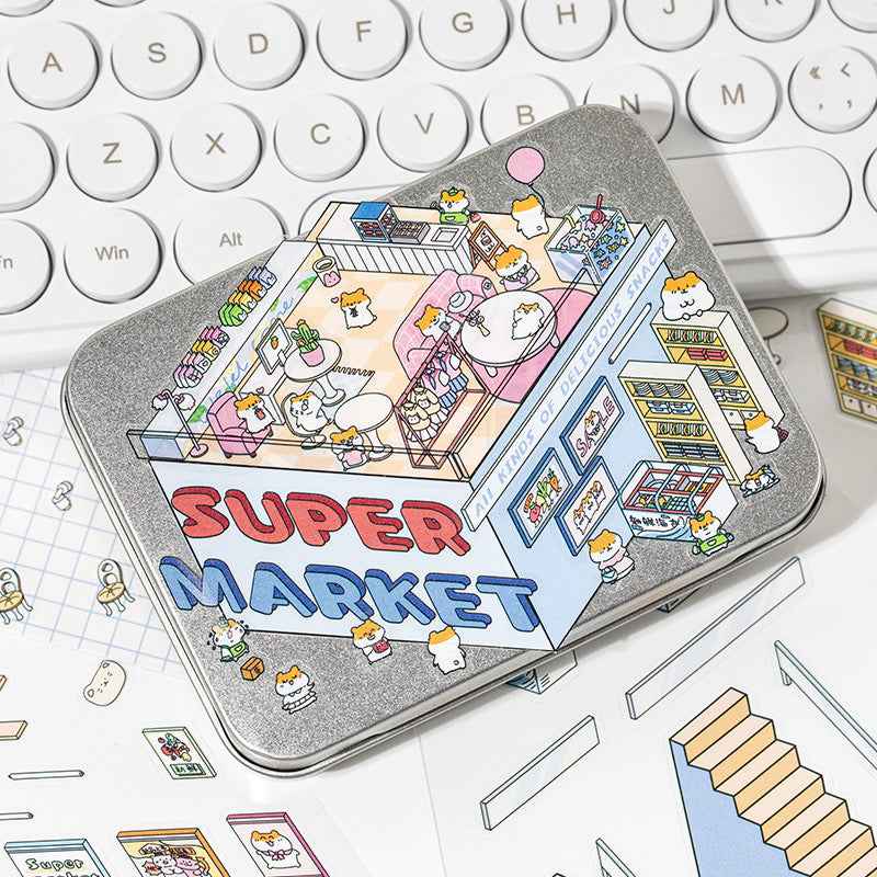 3-Story Grand Buildings 3.0 – Animal Business Simulation 3D Room Stickers Scene - 4 Theme Sets: Hamster Supermarket | Bunny Bookstore | Fox Hot Pot | Cat Villa - SNSEASY