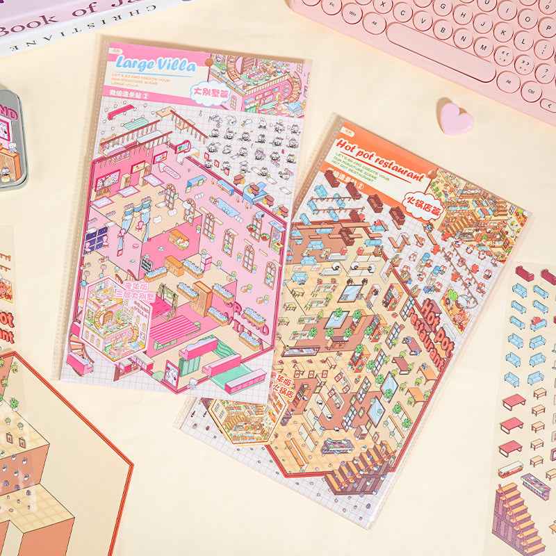 3-Story Grand Buildings 3.0 – Animal Business Simulation 3D Room Stickers Scene - 4 Theme Sets: Hamster Supermarket | Bunny Bookstore | Fox Hot Pot | Cat Villa - SNSEASY