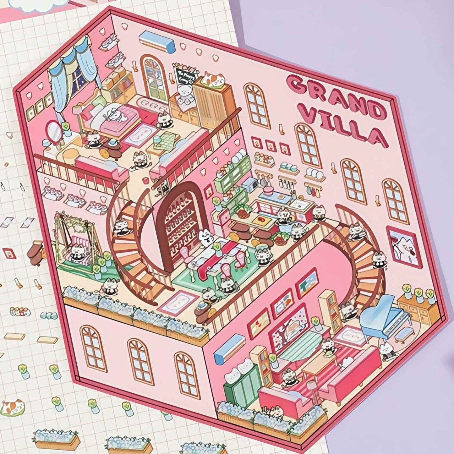3-Story Grand Buildings 3.0 – Animal Business Simulation 3D Room Stickers Scene - 4 Theme Sets: Hamster Supermarket | Bunny Bookstore | Fox Hot Pot | Cat Villa - SNSEASY