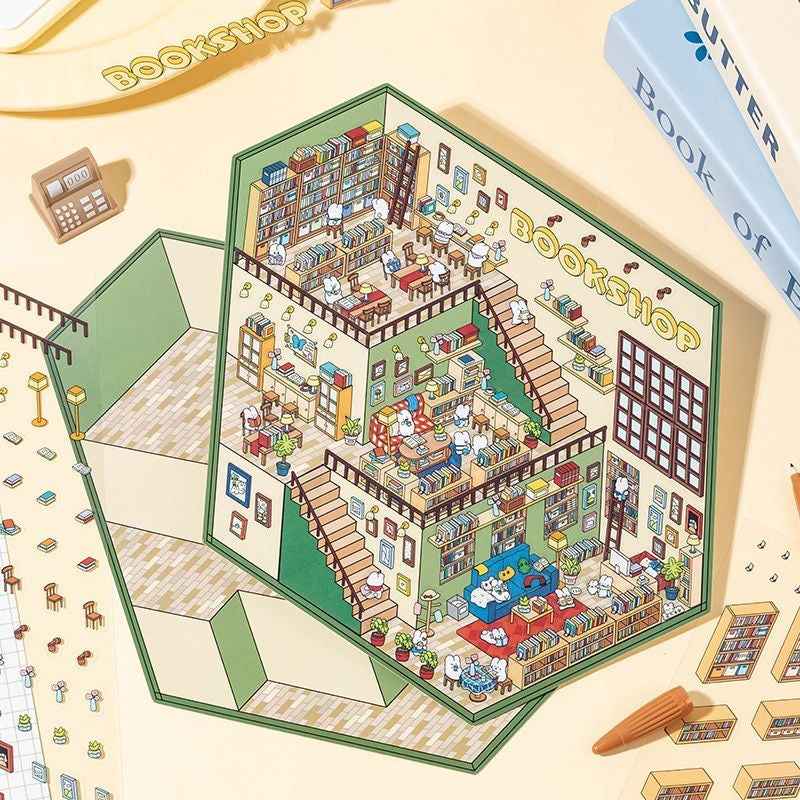 3-Story Grand Buildings 3.0 – Animal Business Simulation 3D Room Stickers Scene - 4 Theme Sets: Hamster Supermarket | Bunny Bookstore | Fox Hot Pot | Cat Villa - SNSEASY