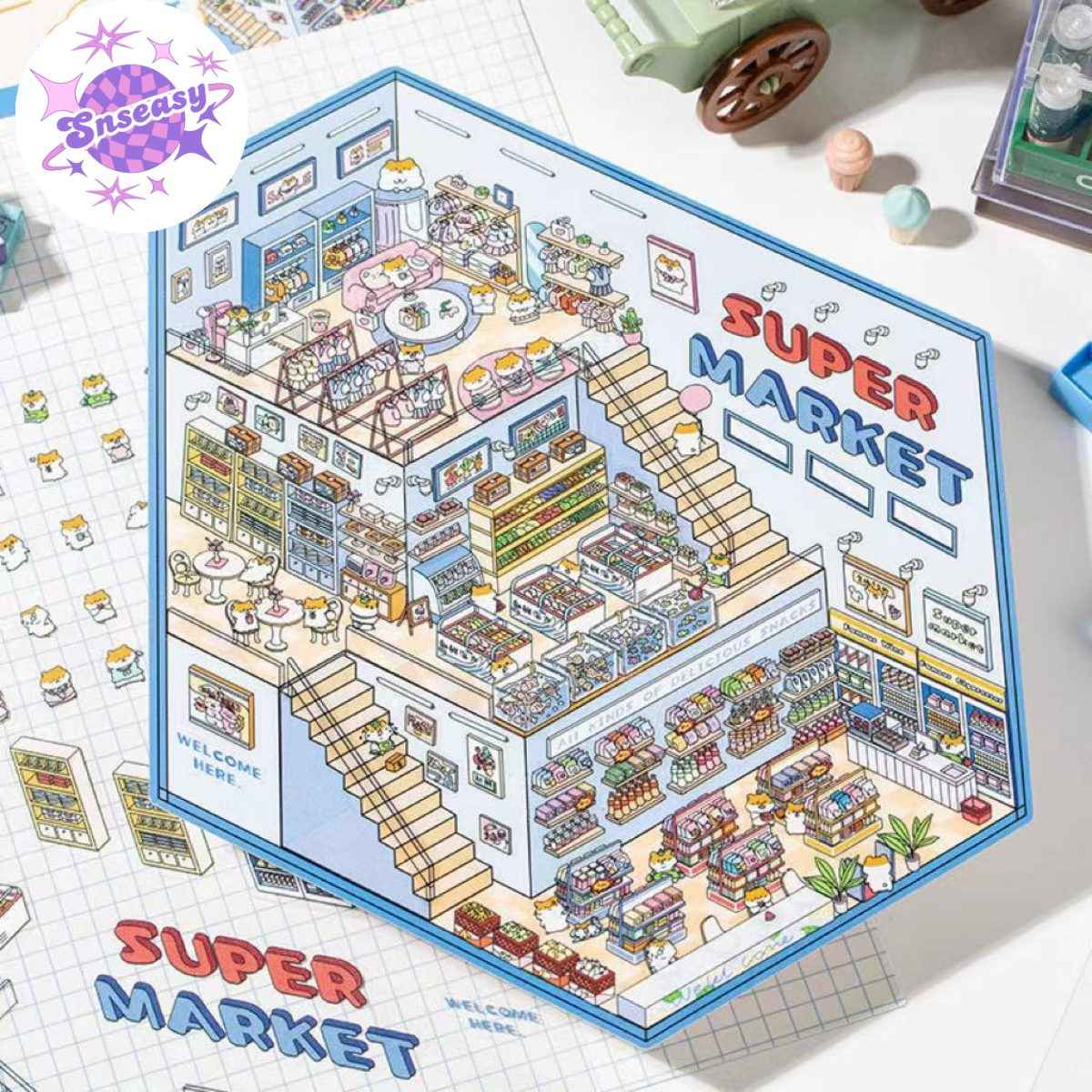 3-Story Grand Buildings 3.0 – Animal Business Simulation 3D Room Stickers Scene - 4 Theme Sets: Hamster Supermarket | Bunny Bookstore | Fox Hot Pot | Cat Villa - SNSEASY