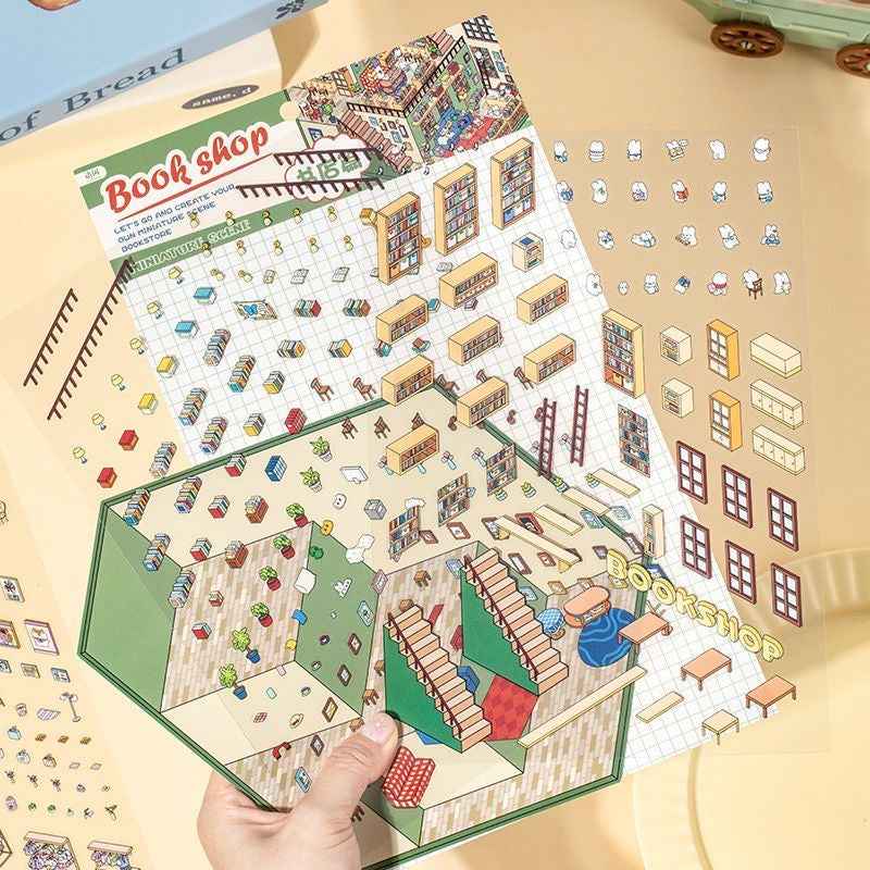 3-Story Grand Buildings 3.0 – Animal Business Simulation 3D Room Stickers Scene - 4 Theme Sets: Hamster Supermarket | Bunny Bookstore | Fox Hot Pot | Cat Villa - SNSEASY